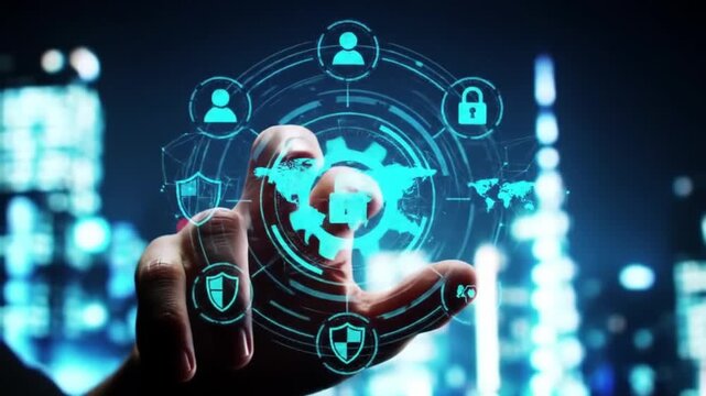 Futuristic Security Technology Hand Interacting with Cyber Interface Over Cityscape - Powered by Adobe