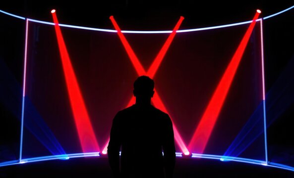 Silhouette of a person standing in front of vibrant red and blue laser lights in a dark room Vibrant Rim Light technology vibrant background colorful modern