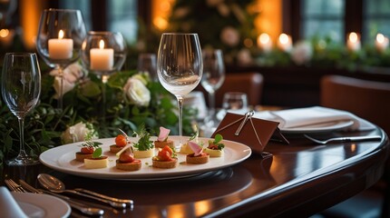 Fototapeta premium Elegant table setting with appetizers and candles for a romantic dinner