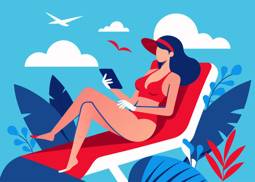 Woman in Swimsuit Relaxing on Lounge Chair with Tablet on Tropical Beach Flat Vector Illustration on white background