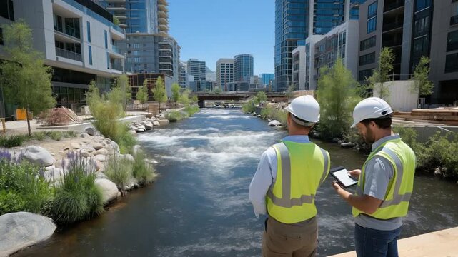 Engineers assess progress at an urban bridge construction site.