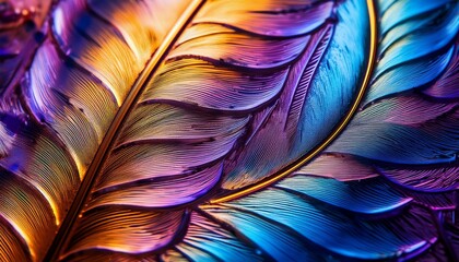abstract close up of crystallized chemical compounds under polarized light revealing vivid feather like patterns in shades of purple gold and indigo with intricate texture details