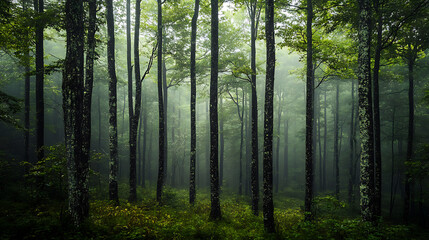  An image of trees halfway through their life, standing tall in the quiet of the forest 
