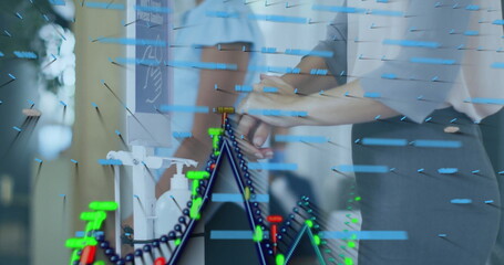 Shaking hands colleagues sealing agreement at modern office workstation, with digital data overlay