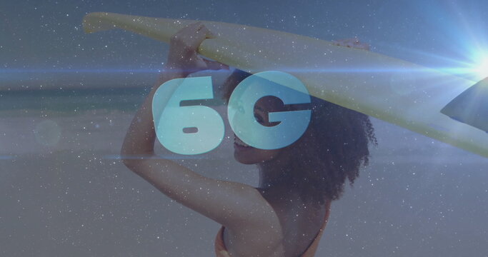 Holding yellow surfboard, surfer wearing bikini standing on beach under sun flare, 6G overlay - Powered by Adobe