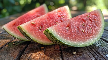 Juicy Watermelon Slices on Rustic Wooden Table in Natural Light