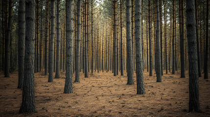 Naklejka premium An image of trees halfway through their life, standing tall in the quiet of the forest 