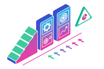Isometric visualization of business growth and data analysis with charts and arrows