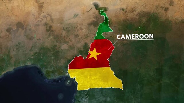Zoom from Earth to Cameroon. (Country Flag) World map animation with highlighted country borders. Satellite 3d world map animation highlights aerial views, tourism, and travel. 4k