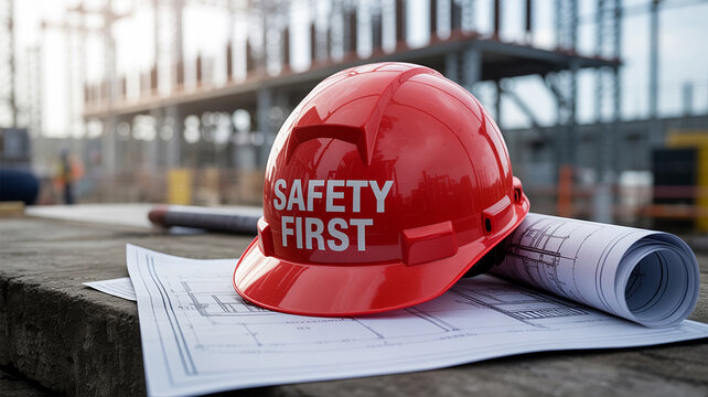 Red safety helmet with white text safety first rests on blueprints at construction site hardhat