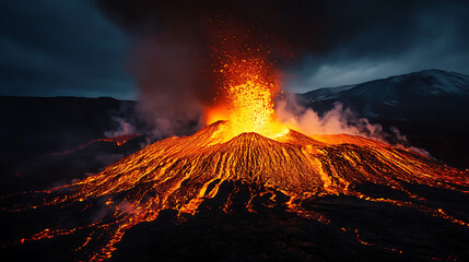  Volcanic eruption under a deep black sky 