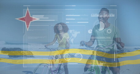Cyclists pedaling side by side on sandy beach, with world map overlay, data charts, yellow stripes
