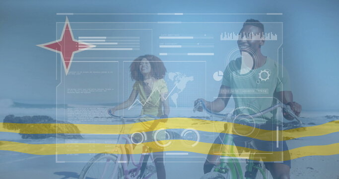 Cyclists pedaling side by side on sandy beach, with world map overlay, data charts, yellow stripes - Powered by Adobe