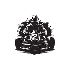 A high-speed racing kart, grunge style, monochrome, detailed mechanical design, dynamic motion blur, dramatic lighting, intense action, gritty atmosphere, cinematic composition
