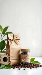 Eco-friendly lifestyle: Rolled yoga mat, kraft paper bag, coffee beans in a rustic jar, and green leaves.