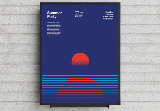 Summer Party Poster Template with Sunset and Sea in Gradient Stripes Pattern