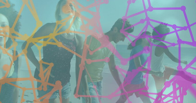 Walking seven friends in summer attire along sandy beach shore, with abstract network graphics