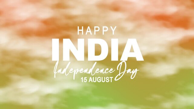Happy India Independence Day text on tricolor background with clouds. Suitable for India national holiday designs, celebratory graphics, social media.