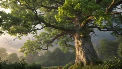 Fototapeta premium Trees in a forest park on a summer morning surrounded by green leaves and natural landscape