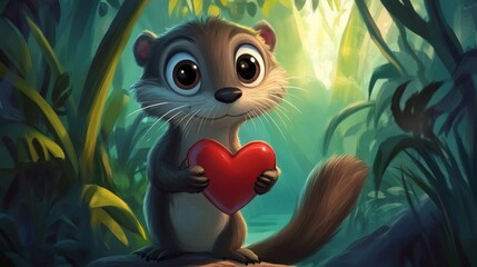 Cartoon Otter Holding Heart in Jungle Illustration