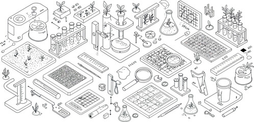 Fototapeta premium Isometric science lab elements with test tubes and equipment illustrations