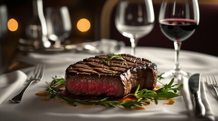 Juicy grilled steak served with fresh herbs and a glass of red wine