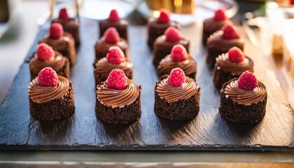 raspberry and chocolate mini cakes dessert buffet display bakery pastries dessert table sweet treats