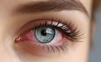 Obraz premium Close-up of redness in the eye, including the eyelid with pink and red color on the white skin near the cornea