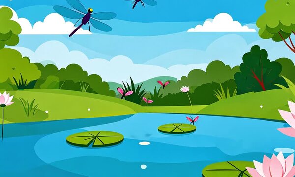 Tranquil landscape with lotus flowers and dragonflies