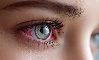 Obraz premium Close-up of redness in the eye, including the eyelid with pink and red color on the white skin near the cornea