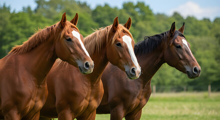 Obraz premium Three Brown Horses in a Field, Equestrian Portrait high quality