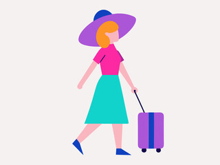 Stylized Woman Traveler Pulling Luggage in Bright Colors Flat Design Vacation and Travel Concept on white background