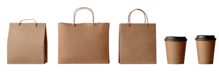 Three tan paper shopping bags and two matching coffee cups