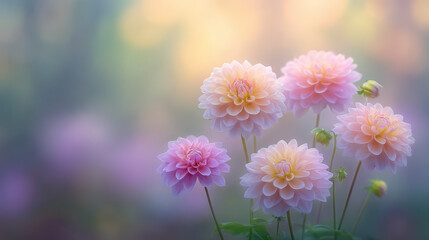 Soft-hued dahlias bloom elegantly against a dreamy, light-dappled background, exemplifying the serene beauty of a tranquil garden.