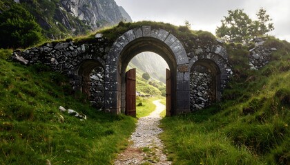 Obraz premium Ancient stone archway leading to path in mountains