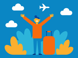 Happy Traveler with Suitcase Ready for Vacation Airplane Flying in Blue Sky with Clouds and Plants on white