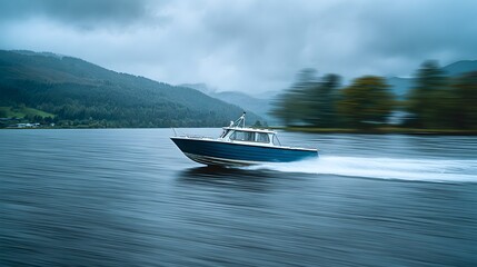 Fototapeta premium A boat moves quickly across a lake with mountains and trees in background.