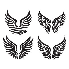 Feathered angel wings vector illustration set with tribal heart and flying eagle designs