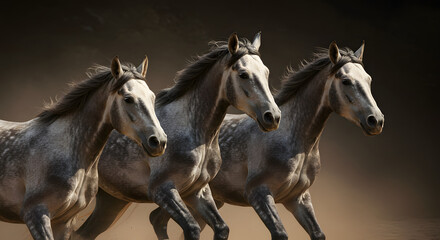 Obraz premium Three Majestic Grey Horses Running in Dust high quality