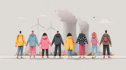 A diverse group of people holding hands, facing industrial smokestacks and wind turbines, symbolizing unity in environmental awareness.