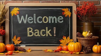 Welcome back written on chalkboard with autumn decorations and pumpkins  