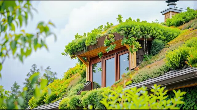 Intimate close-up view of sustainable roofing: a wooden dormer window surrounded by living vegetation showcasing moss, s