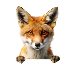 A cunning red fox with piercing amber eyes holds a blank white sign on a transparent background