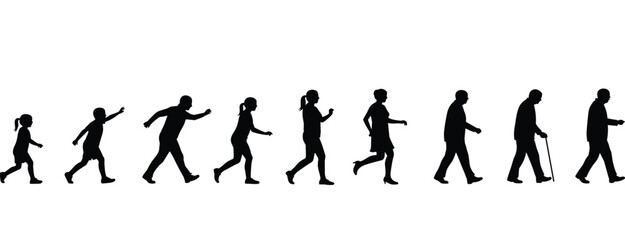 Human lifecycle progression silhouette from childhood innocence to active adulthood and graceful senior years, depicting growth, aging, and the journey of life's stages.