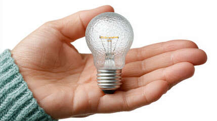 A human hand holding a frosted light bulb against a white background, symbolizing ideas, energy, and innovation.