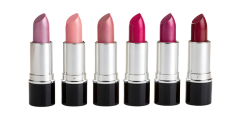 Set of different colored lipsticks in shades of red isolated on white or transparent background