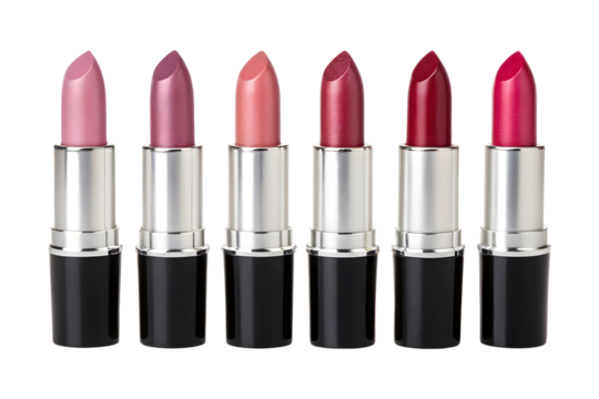 Set of different colored lipsticks in shades of red isolated on white or transparent background