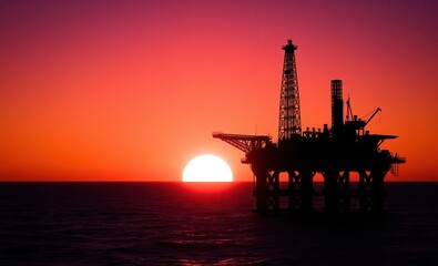 Obraz premium Silhouette of an oil rig against a vibrant sunset over the ocean highlighting industrial strength and beauty Vibrant Rim Light technology vibrant background colorful modern