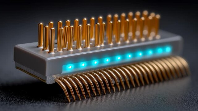 Neuromorphic Computing, A close-up of a computer microchip with gold pins and blue LED lights, highlighting advanced electronic technology.