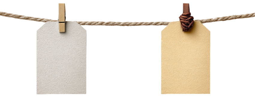 Two blank tags hanging on a rope